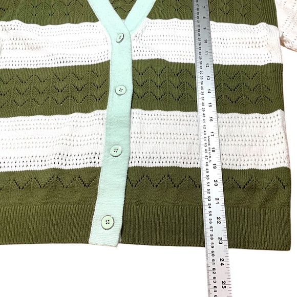 TALBOTS Cotton Linen Blend Tipped Pointelle Button Front Cardigan Olive / White - Picture 7 of 9